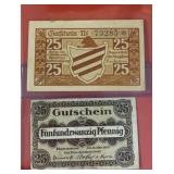 (2) German 1920 & 1921 25 Pfennig Notgeld