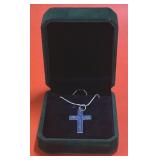 Silvertone and Blue Cross Necklace, 18' chain