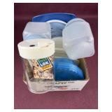 Box of assorted storage containers and more