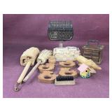 Assorted items including wooden chicken napkin,