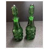 (2) Emerald Green pressed glass perfume bottles,