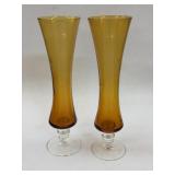 (2) Vintage Amber Etched Art Glass Bud Vases