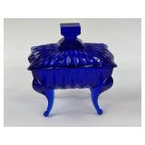 Vintage Cobalt Blue Glass Footed Coffin Box