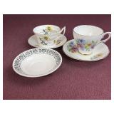 Assorted teacups and saucers, most are bone China