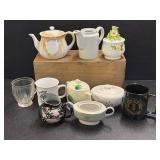 Teapot, Creamers, mugs, and sugars including a