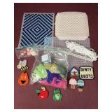 Assorted Plastic Canvas Crafts and yarn