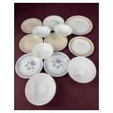 Assorted Corelle Bowls and plates, one has a chip