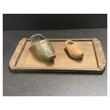 (2) Vintage Wooden shoes and carved wooden tray,