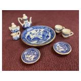 Vintage Flow Blue and Blue Willow style miniature