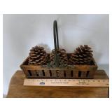 Decorative Wooden Basket with Large Pine Cones