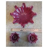 Red Ceramic Dish and Candle Holders
