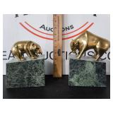 Vintge Brass Bull and Bear on Marble Book Ends