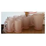 Indiana Tiara Pink Satin Glass Pitcher/Mugs