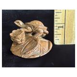 Signed Carved Wooden Turtle on Lotus Leaf