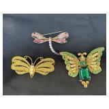 (2) Vintage Butterfly (1) Dragonfly Pin