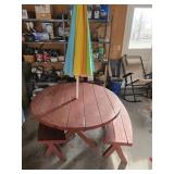 Round Wooden Picnic Table w/ Benches & Umbrella