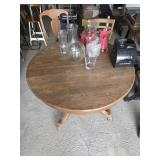 Round Oak Table w/ Leaves, 2 Chairs, Glassware
