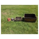 Vintage Metal Box, Wooden Tray, Helmets
