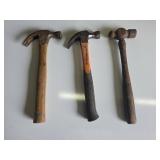 3 Used Hammers with Wood and Rubber Handles