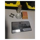 Lot: Glass Bottle, Plaque, Metal Parts