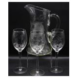 Antique Etched Crystal Pitcher & Stemware Glasses