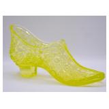 Vaseline Glass Daisy & Button Slipper Match Holder