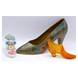 Enamel Brass, Amber Glass & Porcelain Shoes