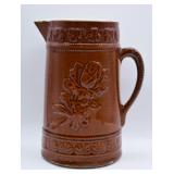 Antique Brown-glaze Stoneware Pitcher w/ Rose