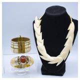 Vintage Carved Bone Bracelets & Necklace