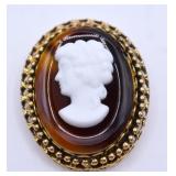 Root Beer Glass White Victorian Style Cameo Brooch
