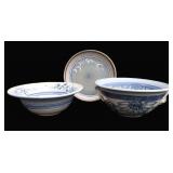 3 Pcs Signed Stoneware Pottery Bowls & Tray