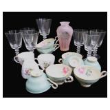 Assorted China Tea Cups, Vase & Glassware