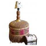 Vintage Upholstered Stool, Desk Lamp, Decor Box