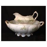 Antique Green Rose Transfer Toureen & Gravy Boat