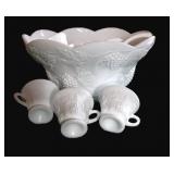 Milk Glass Grape Motif Punch Bowl & Cups