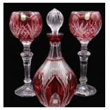 Red & Clear Glass Decanter & Crystal Candleabras