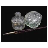 Pair of Glass Inkwells & Purple Glass Quill Pen