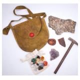 Rock Hound Lot - Hammer, Gemstones, Leather Pouch