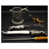 Bronze Rowlock Horns, Bull Carving Set, Pewter Mug