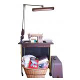 Vintage Singer Sewing Machine, Desk & Material