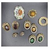 Vntg Gold-tone, Stone & Floral Brooch & ClipOns