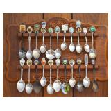 Vintage Souvenir Spoon Collection & Wood Display