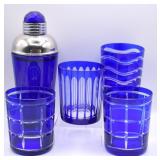 Cobalt Cut-to-Clear Tumbler Glasses & Shaker