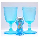 Fenton Salt Shaker & Aqua Blue Glass Water Goblets