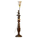 Antique Wood Column & Bronze Figure Lamp
