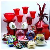Christmas Decor, Red Glass Vases, Votives ++
