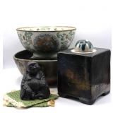 Signed Art Pottery, Asian Bowl & Statue