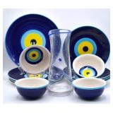 Evil Eye Pottery Dishes Set & Art Glass Pitcher