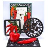 Chili Pepper Ceramic Tile Clock & Trivets