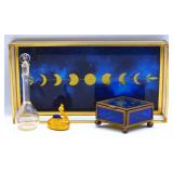 Vanity Glass Trinket Box, Peacock & Perfume Bottle